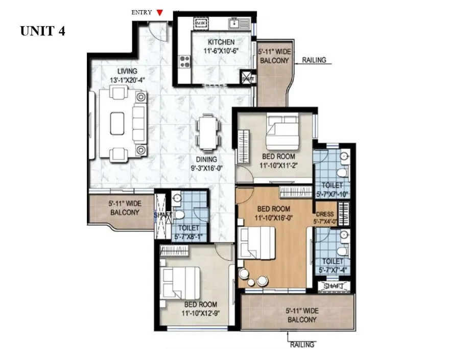 3 BHK + 3T Floor Plan